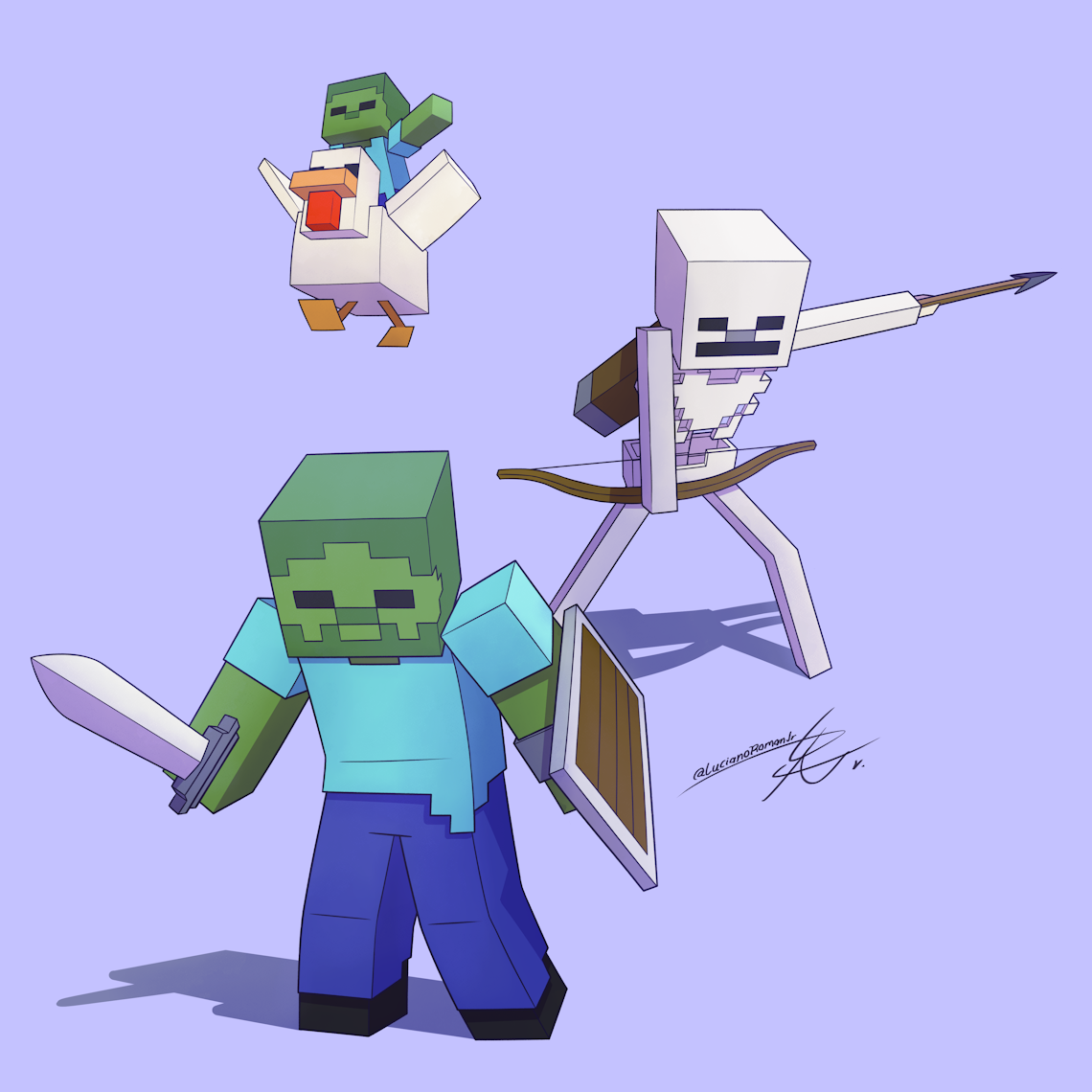 Three figures against a flat background: a zombie with a sword and shield, a skeleton with a bow and arrow, and a baby zombie riding a chicken. All three are rendered in a flat, voxel-style.