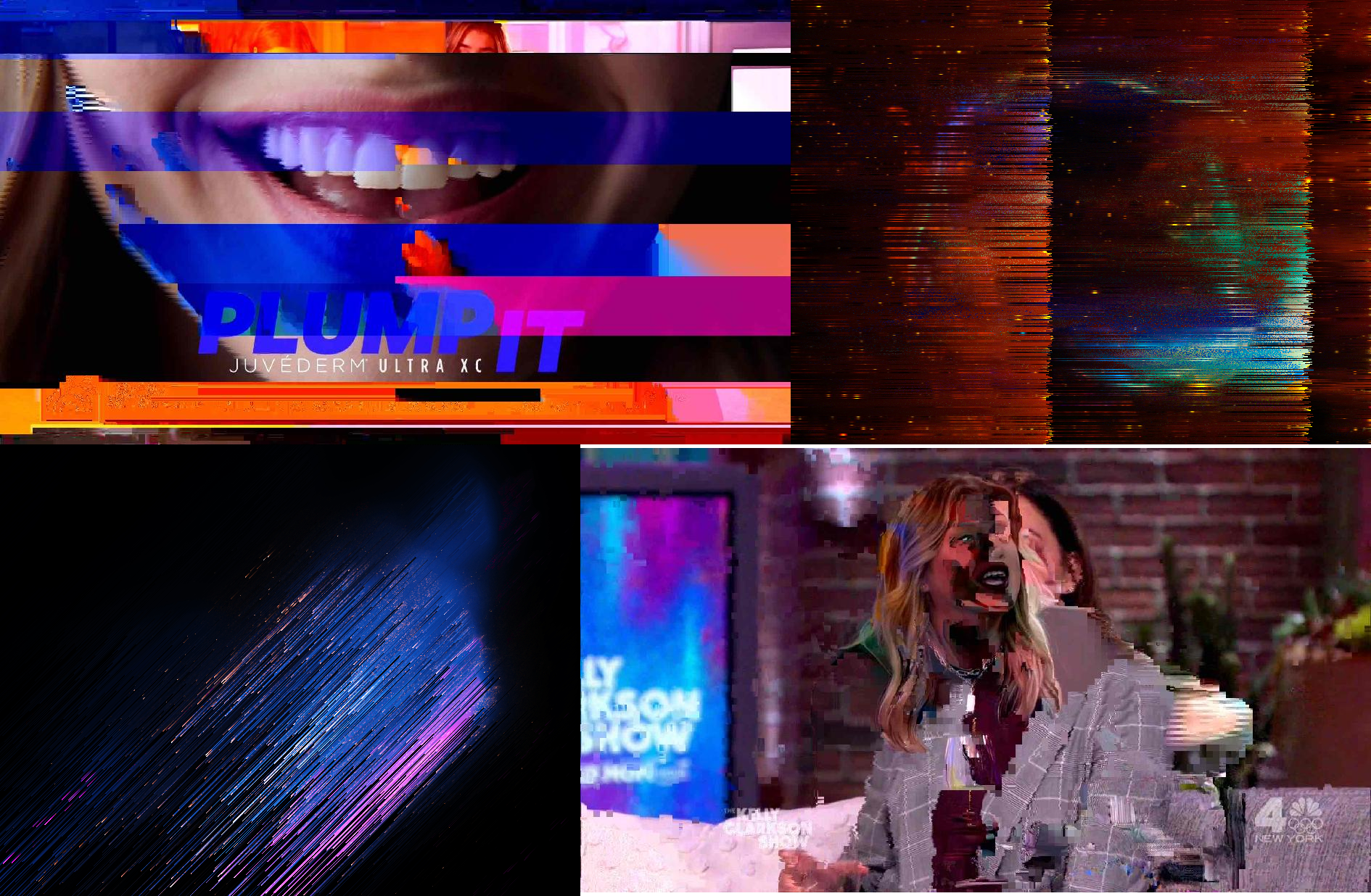 Four tiled images: a close-up of a mouth with the words “Plump It” showing bands of discoloration and parts of a different image, two images of space phenomena but pixel-sorted to appear ghostly, and an image of two talkshow hosts glitchily overlaid.