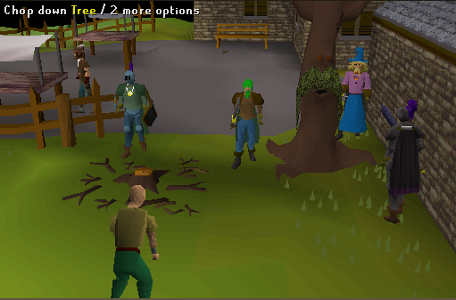 A screenshot of an Ent in RuneScape, next to the Draynor bank. The player is wearing bronze armor and has green hair and beard. Several other players are also in view.