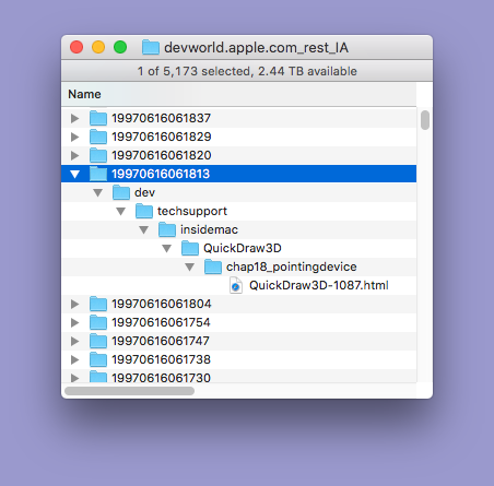 A portion of a Finder window displaying a single parent recursively revealing its directory tree. Notice the single ‘dev’ child folder.