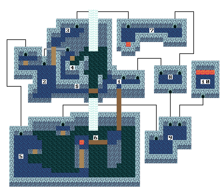 An NES-looking dungeon map of a cave system with a waterfall.