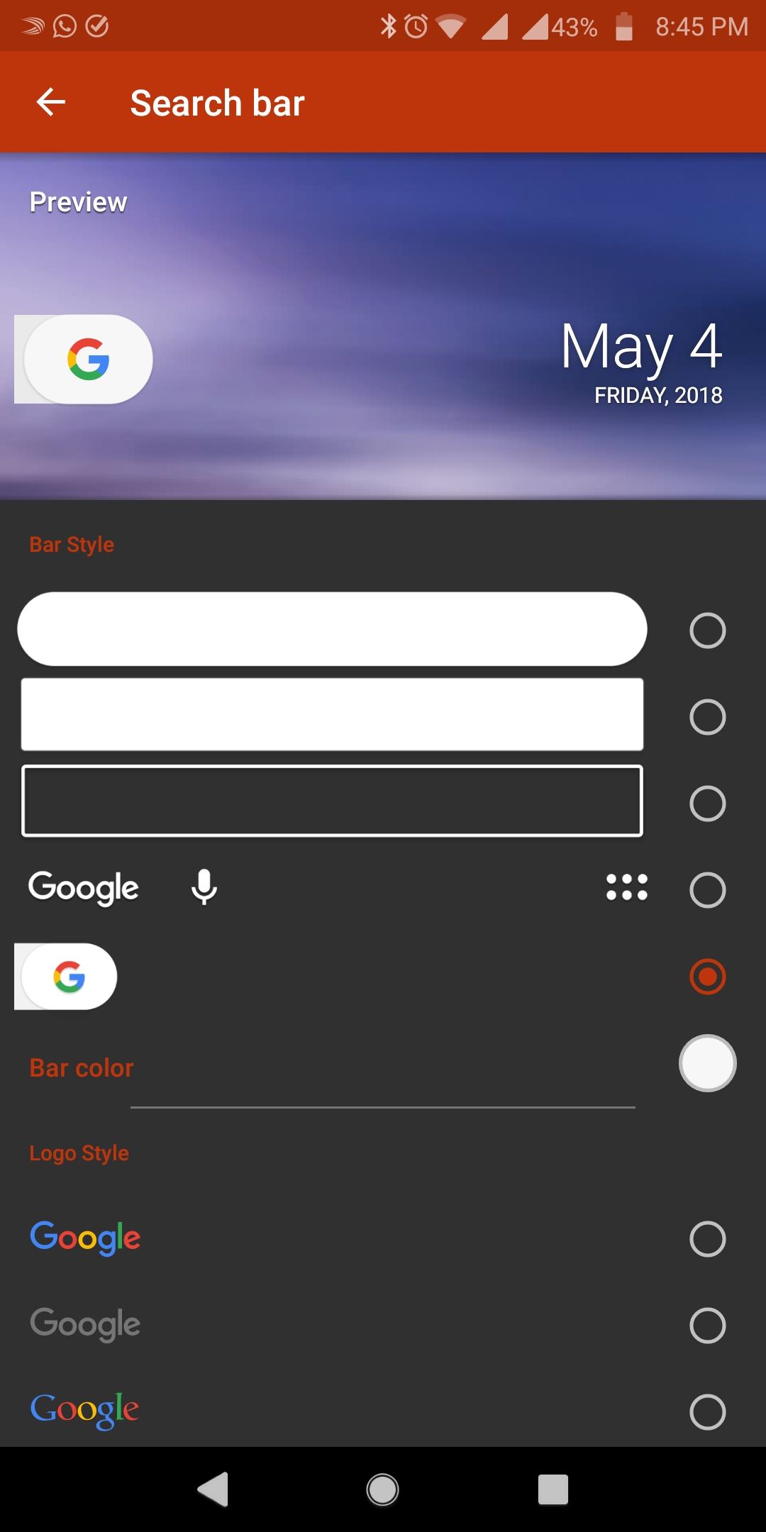 Search Bar Style options screen