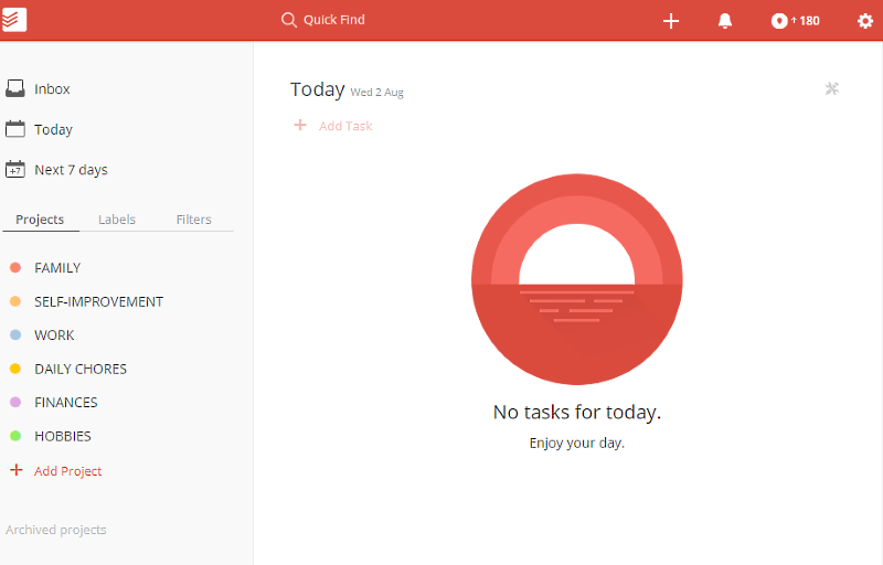 Projects in Todoist used as Areas of Resposibility