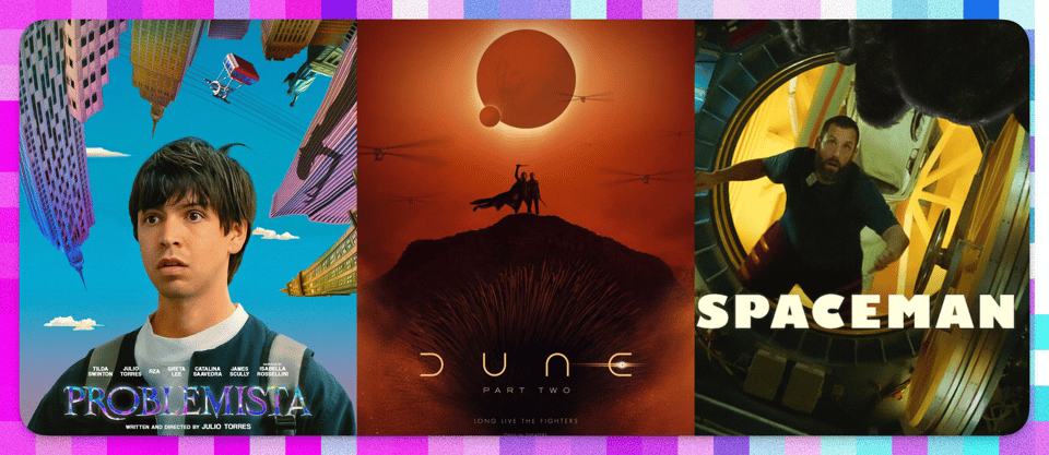 posters for problemista, dune part two, and spaceman