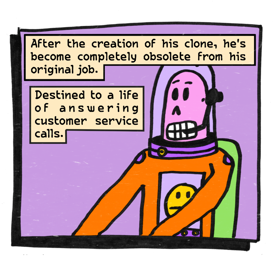 a cartoon of a man in a space suit destined to a life of answering customer service calls