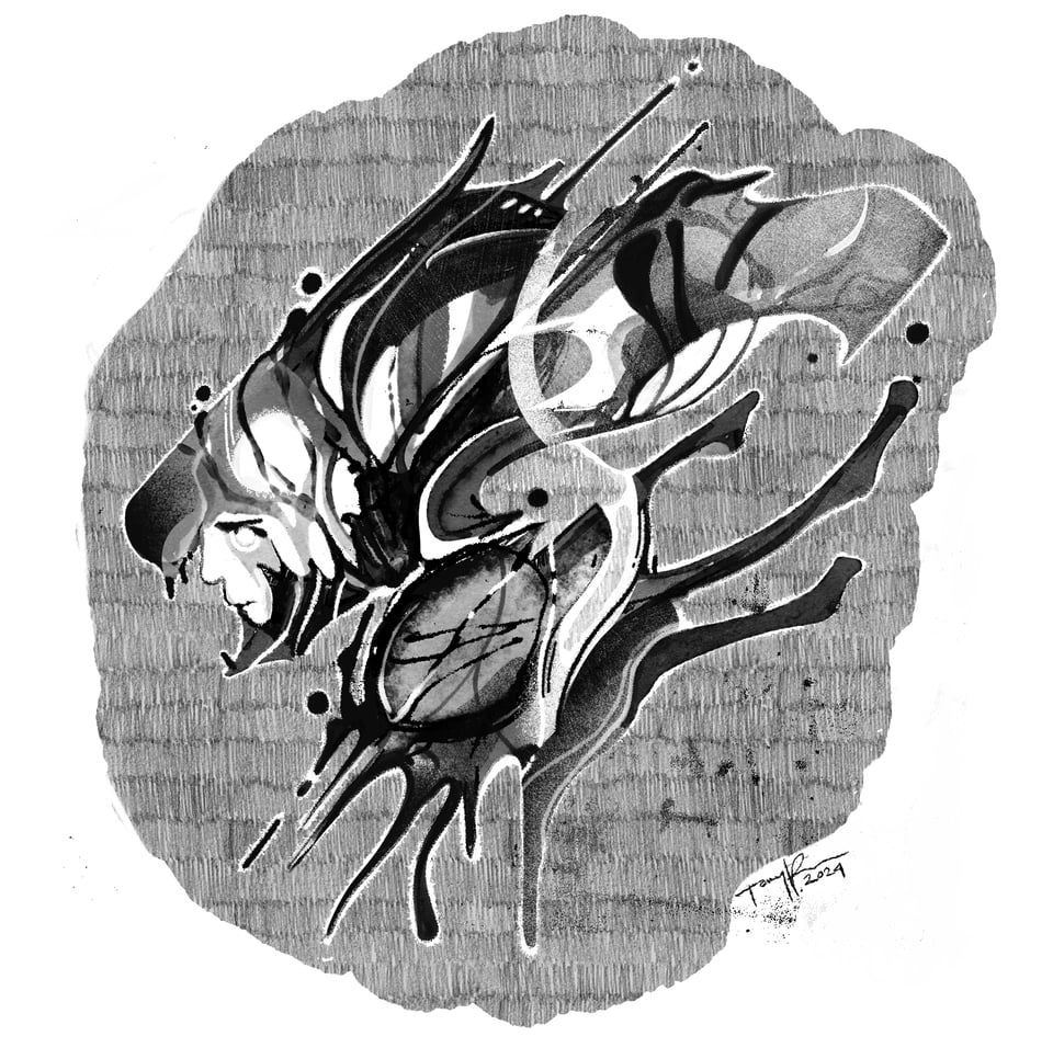 a black and white sketch of a face covered by an alien helmet