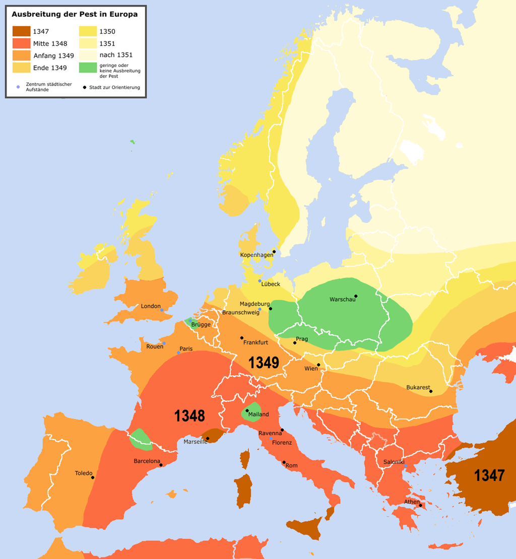 Ausbreitung der Pest in Europa zwischen 1347 und 1351, Von Roger Zenner - “Atlas zur Weltgeschichte”, CC BY-SA 2.0 de