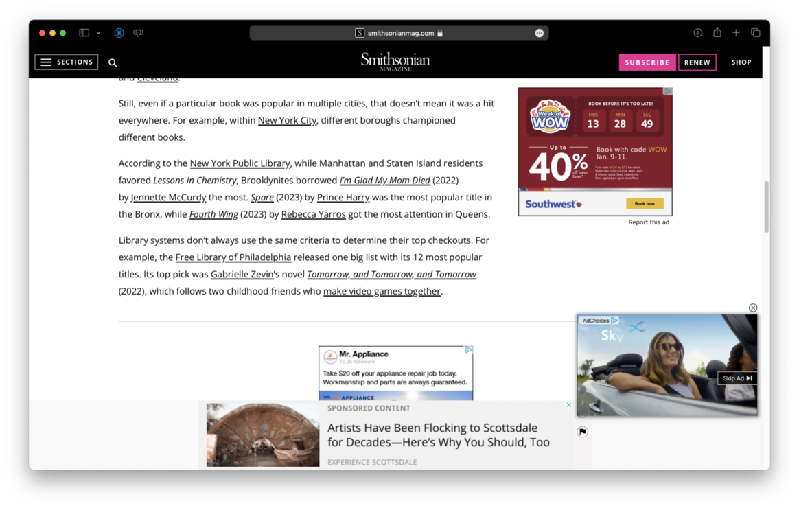 A webpage screenshot showing a few paragraphs of overly hyperlinked text and 4 different ads, some of which are overlapping themselves.