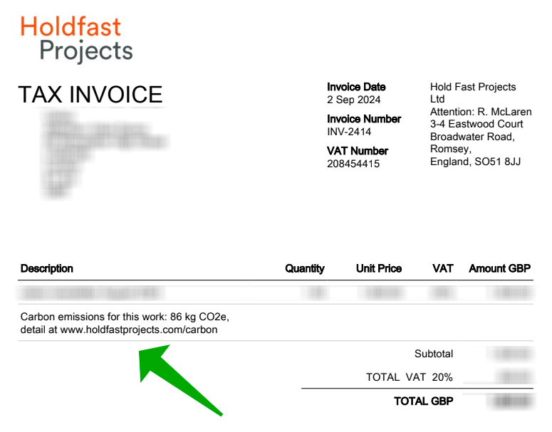 A Holdfast Projects invoice includes carbon emissions information