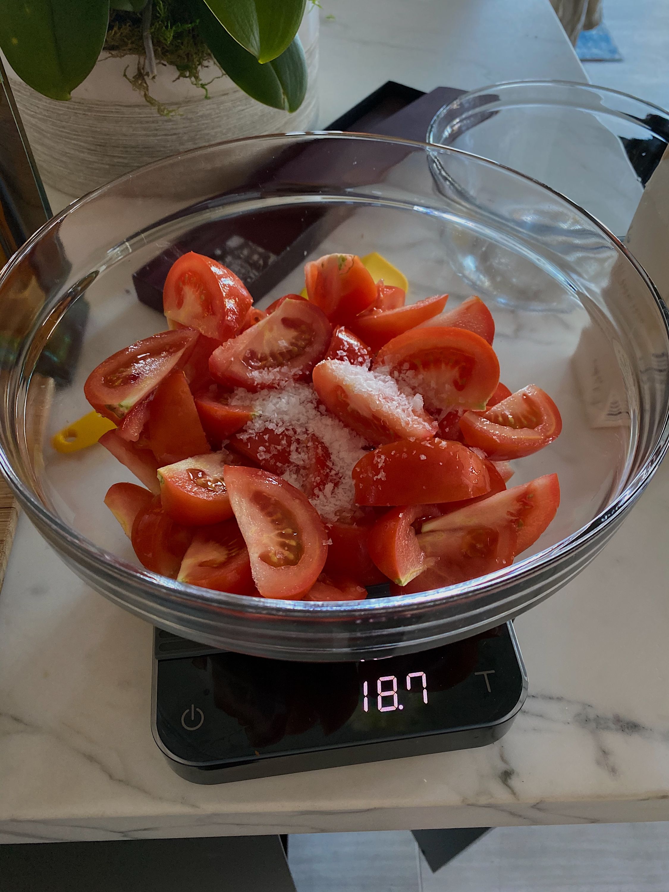 Tomatoes on a scale with salt on them