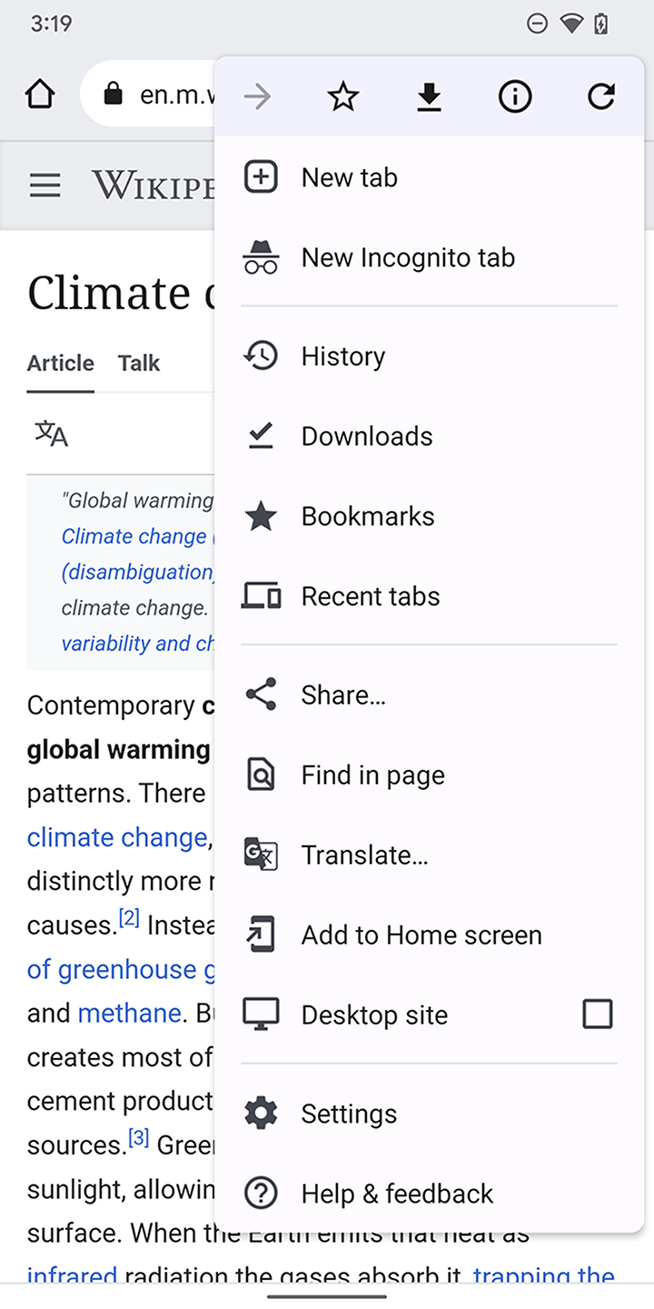 Access to the actions and destinations in Chrome on Android.