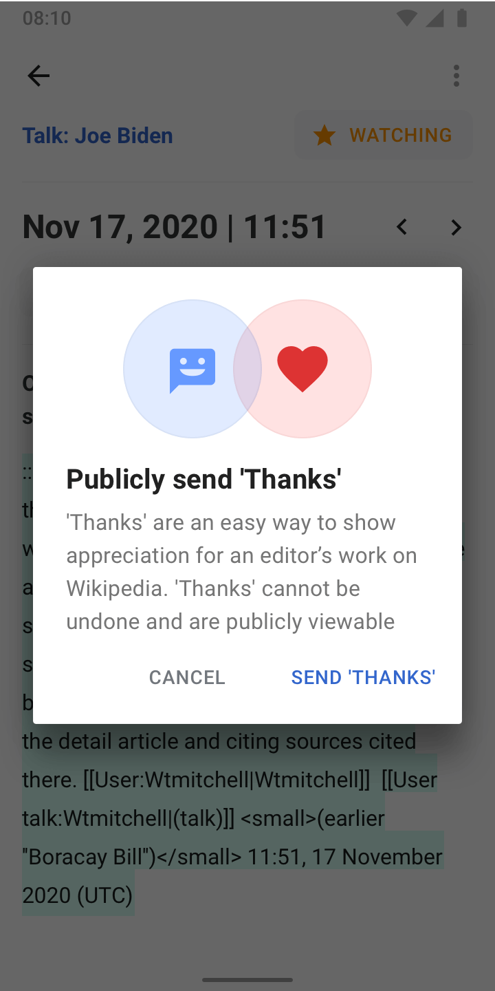 The Thanks interaction in the Wikipedia for Android app