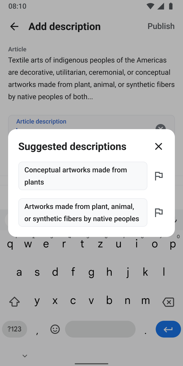 Suggested descriptions after tapping the chip