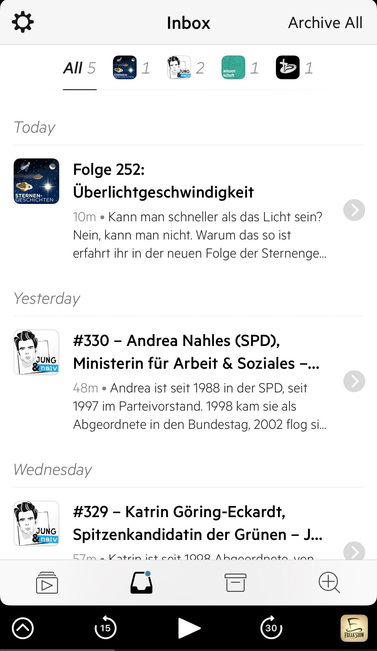 Die Inbox. Hier landen alle neuen Folgen.