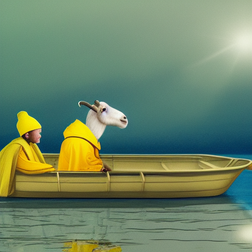 Stable Diffusion Generated Image - 'a goat wearing a yellow raincoat in a boat in a moat Luminism style'