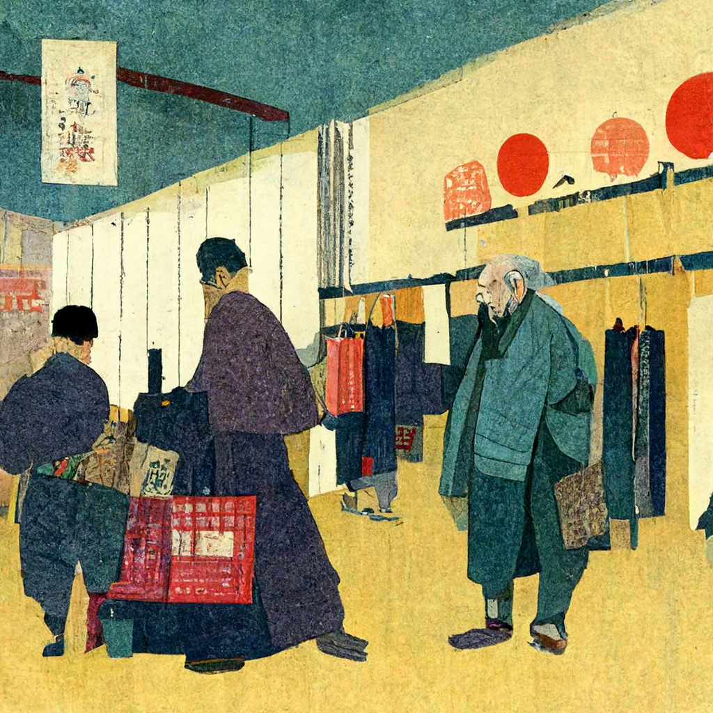 MidJourney Generated Image - 'old man shopping in a thrift store Ukiyo-E style'