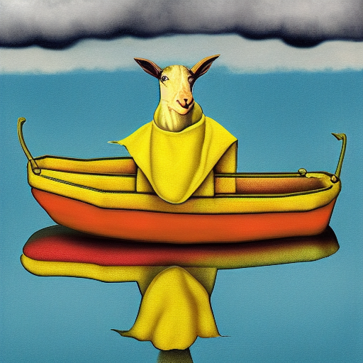 Stable Diffusion Generated Image - 'a goat wearing a yellow raincoat in a boat in a moat Surrealism style'