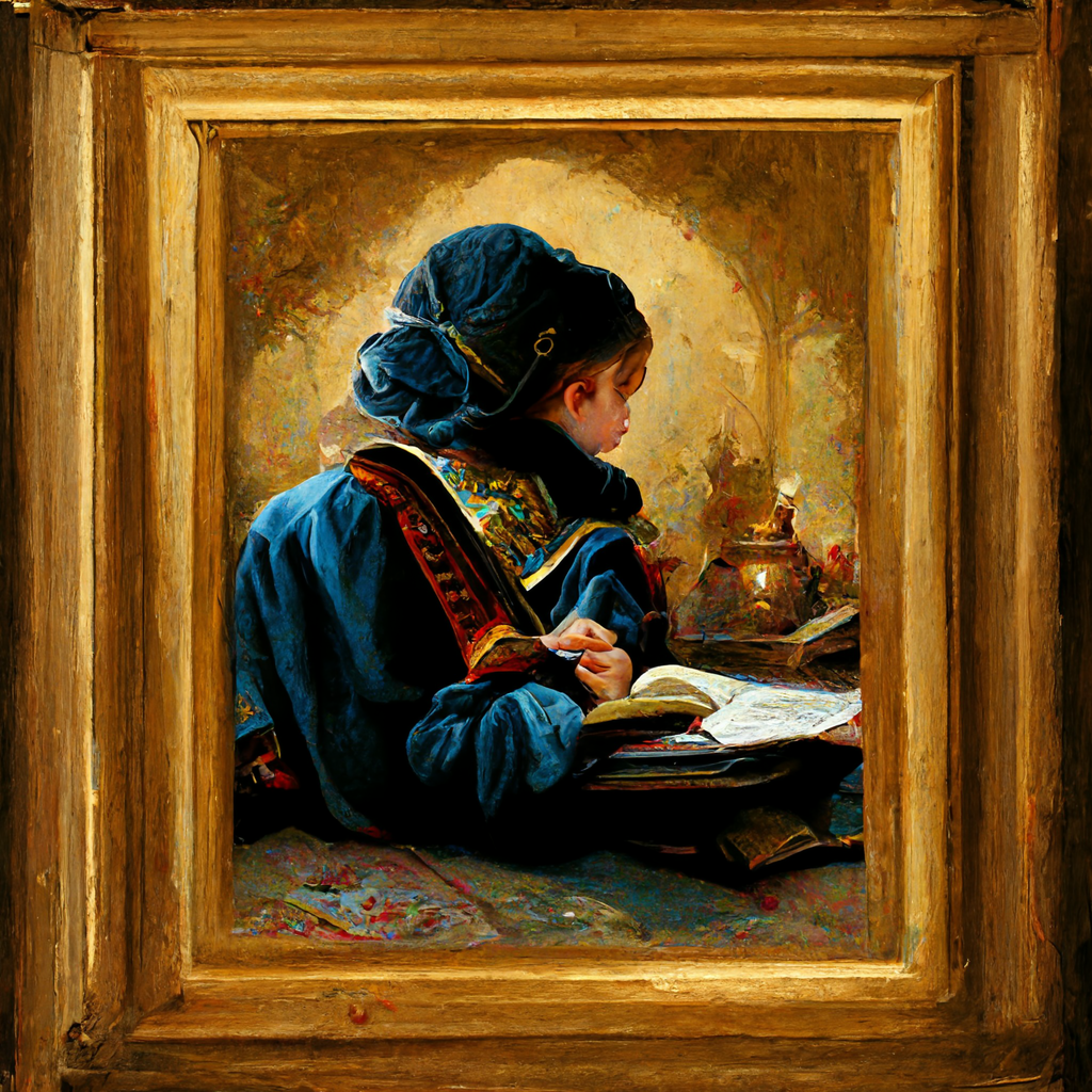 MidJourney Generated Image - 'Baroque style painting of a novice learning'