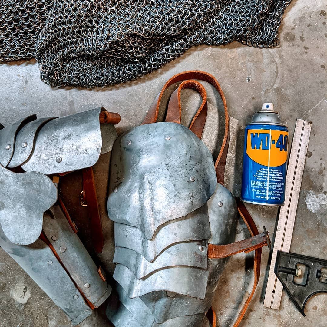 You know those smells that instantly remind you of another time and place? WD-40 lol yup it brings back memories of making things and on strong memory is that time long ago when I made a suit of plate mail. It’s a pretty rough suit of armor, but it was cold hammered, imagine how cool it would have been of I had used a forge, that was out of my budget at the time but that didn’t stop me.Oh right, the memory was triggered because I was cleaning up all the rust on this awesome square that my dad gave me ages ago. It was impossible to read the measurement markings so I pulled out the WD40! Problem solved. That is also one awesome square, metal tools for the win.makermemories maker larp armor