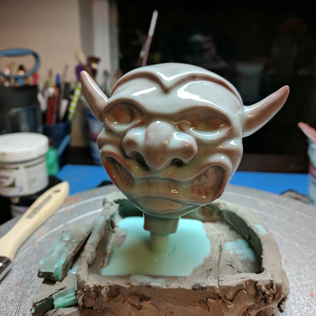 Spent the evening making a lovely brush on mold of his head. I like how the print coat looks like the sculpt is melting. wip moldmaking