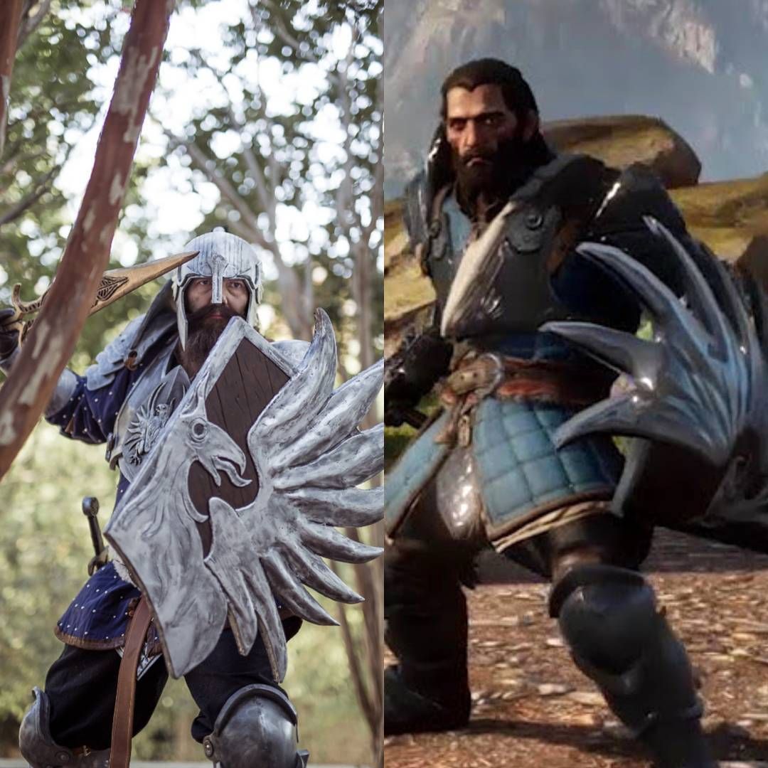 Ok the poses don’t match but I wanted to do a cosplaysidebyside none the less. This shot of Blackwall came right from @biowarebase@instagram.com cosplay references, I thought no I got it pretty darn close but I just loved Blackwalls griffon helm so I had to have it. blackwall bioware cosplay dragonagecosplay graywarden videogamecosplay