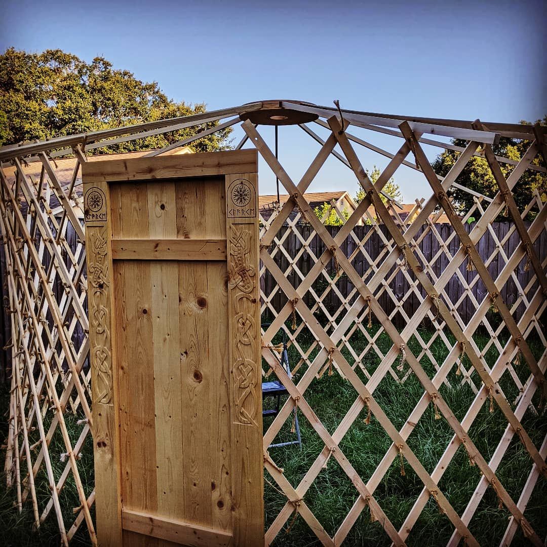 Yurt with the roof on! I know it’s naked still but it’s just about ready for it’s dressing. I have some work on the roof to finish up, cut the poles too long and need to add lashing points to them but next up is ordering canvas. yurt larpcamping