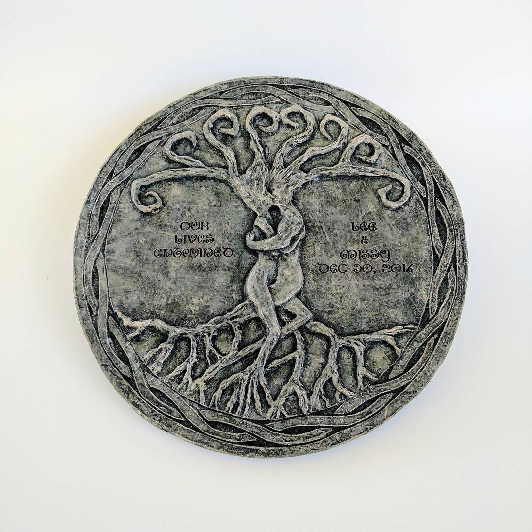 Finished painting the stone version of my treeoflife I really like how that turned out! I also used the laser to engrave the text which I’m sure excited about because my lettering is atrocious lol. Molded with mold star 15, and cast in tinted smooth cast 320 from @smoothon@instagram.com sculpture tree casting art celtic