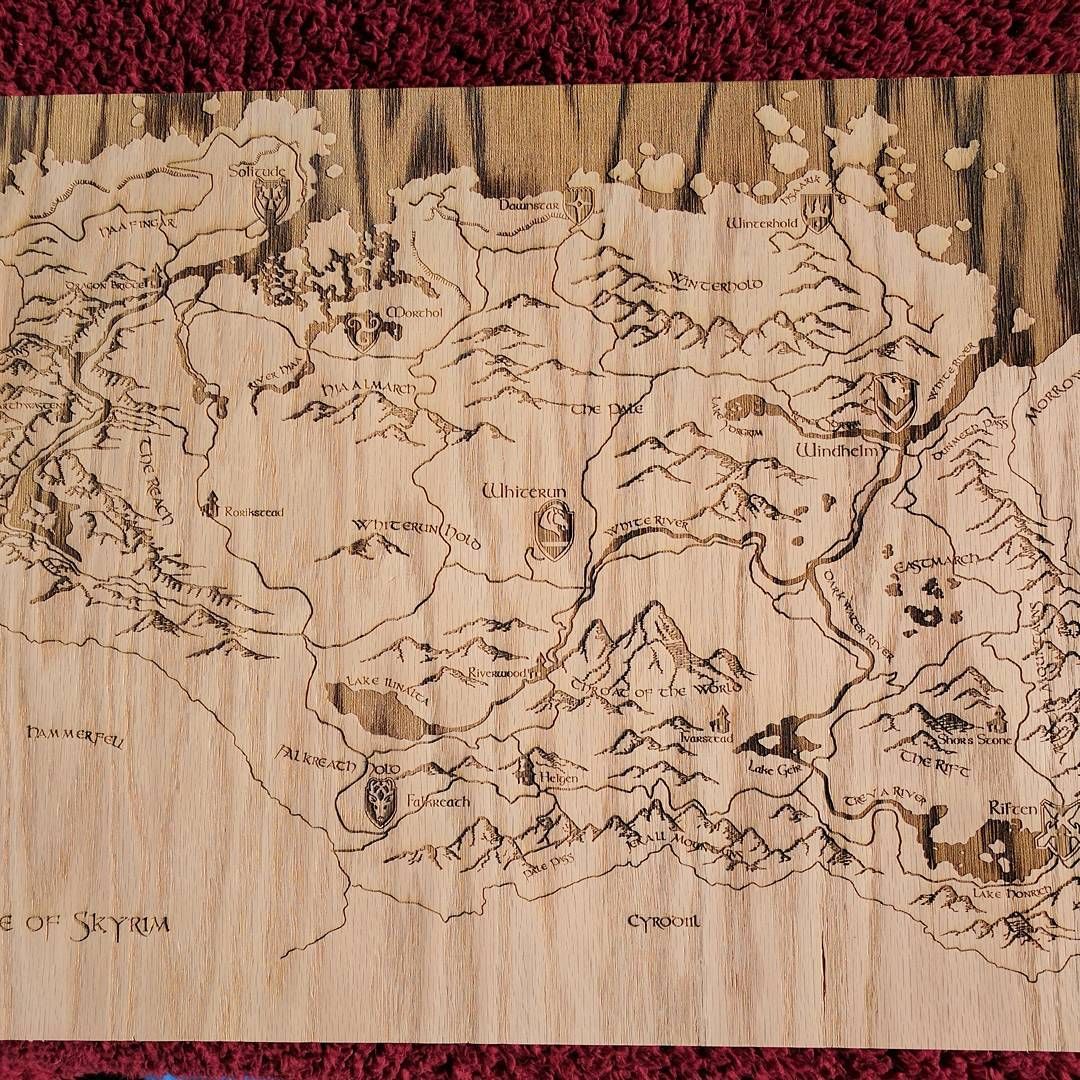 Map of Skyrim is finally done! This took me forever to get right because I had to teach myself all the things you shouldn’t do when making a very large vector for laser cutting. Lessons learned! This is 22x16 inches and the perfect size to hang on the wall and still use as a reference. Plus it’s a map! Its crazy how much this makes me happy!Probably obvious but yes you can get one too. 😉skyrim elderscrolls map wood lasercutter