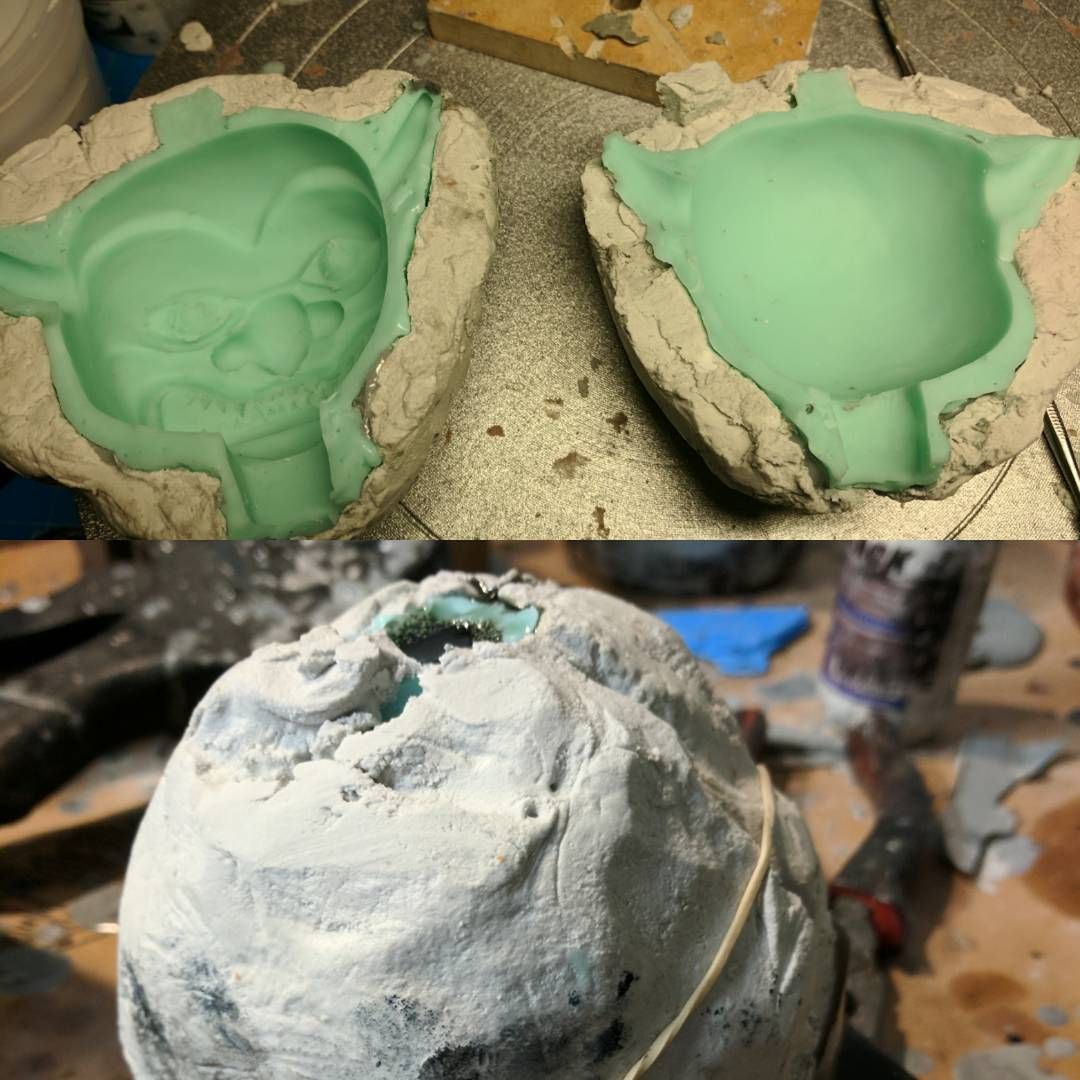 Mold is ready to go! This is my first time using @smoothon@instagram.com free form air and I got to say, it was a fast and easy process getting this she’ll made. I did the second half in under 15 minutes! Now I’m crunching to get the body of this guy sculpted, under rubber and casted so I can finish my first cast by.. oh say Tuesday night. I seem to love impossible goals… Must be an artist! wip moldmaking concrunch notsurehowiwillpullthusoneoff