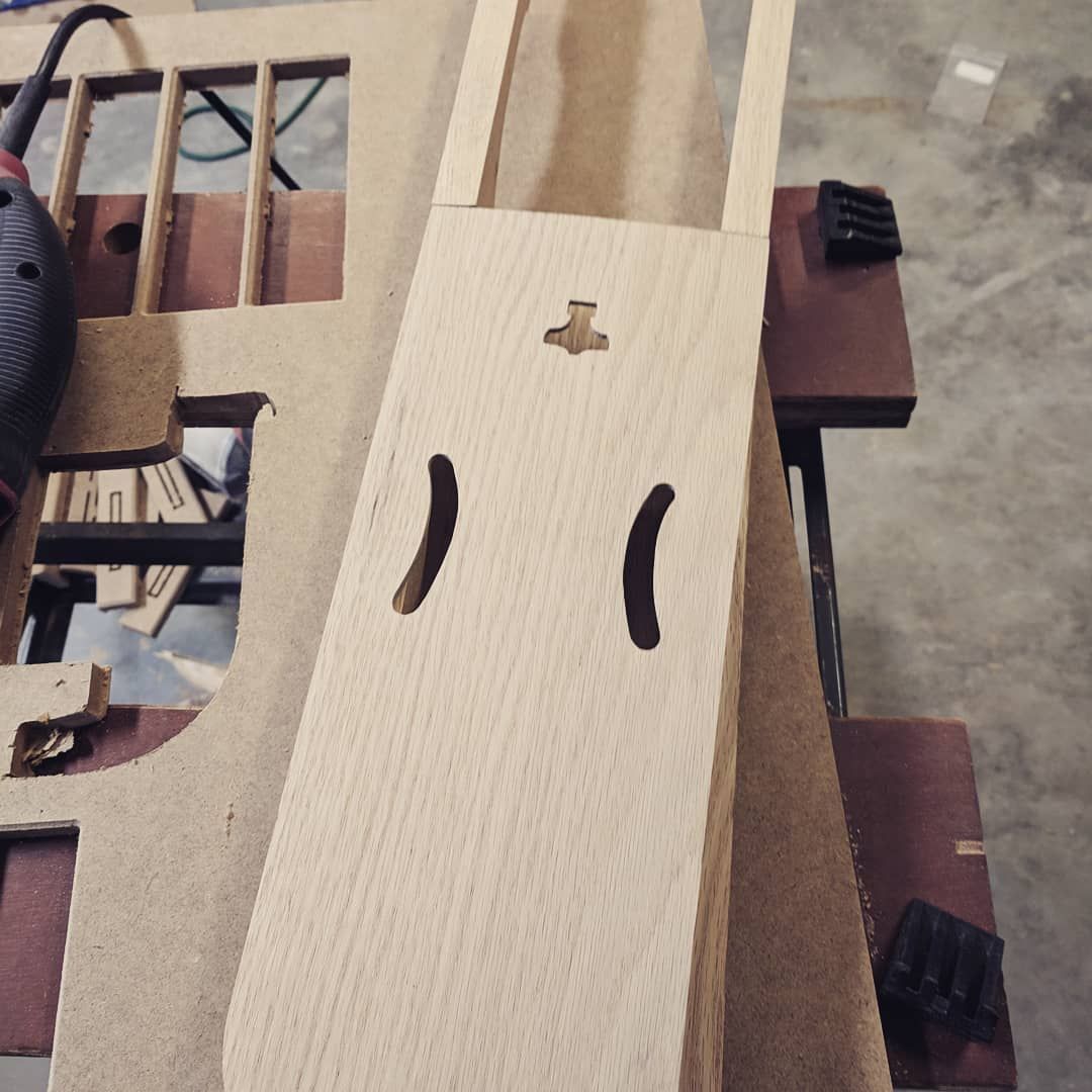Progress shots on one of my latest projects! I’ve always wanted to make musical instruments, my uncle restored old pump organs back in the day and it always got my imagination running.This is a bowed lyre, an ancient instrument, and a varient once played in Viking culture. (Note the Mjölnir sounding hole!) This one is going to be 3 stringed and will hopefully have a gutteral cello sound to it once I’m done. Assuming everything works out! 😥 I have all but one part cut and I’m now trying to work out the finer points of kerf cut wood bending… Any one with experience out there? Would love pointers as my first test bend caused a lot of fiber to tear on the outside of the bend…it might have been too thick, 6mm, I’m trying 4mm tonight.. The wood is Red Oak.bowedlyre woodworkingviking larp musicalinstrument