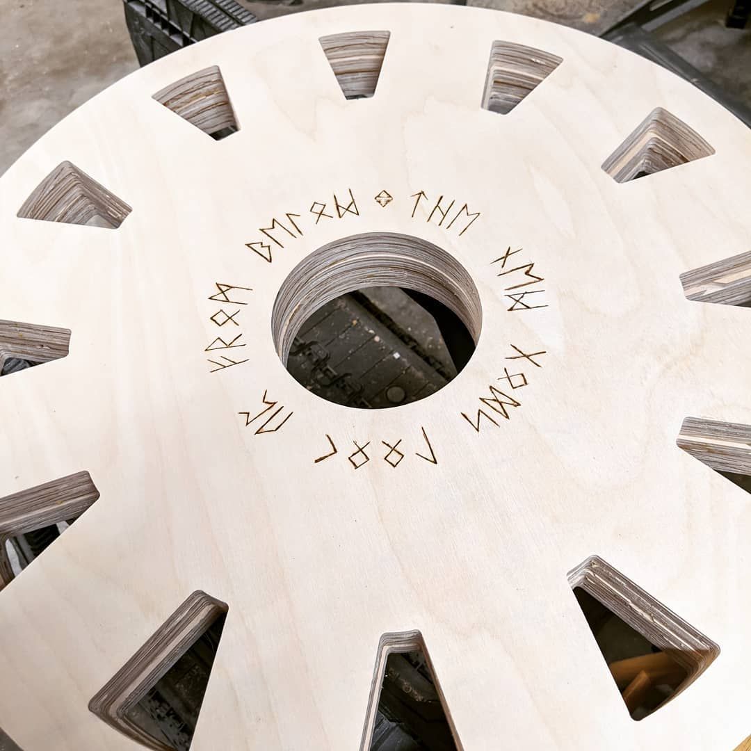 Finished up one side of the yurt center wheel. I’ve been getting creative while I wait for it to be clear to pick up materials. I’ll wait until I’m done with the other side to translate the runes but a hint… it’s in English. Funny that that’s it’s in English honestly but some how seems a little appropriate no?New wood burning tool from Walnut Creek did a proper job and didn’t ruin my carving work! Always spend a little extra on the good tools of you can. Otherwise hit up harbor freight because at least then the price is correct for the quality. (I have tons of their tools and no regrets)woodcarving woodburning yurt runes wip