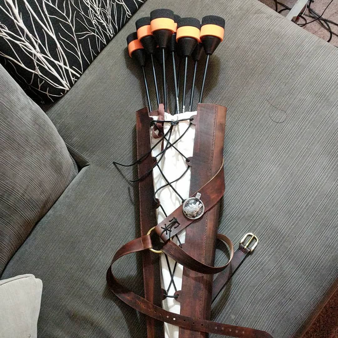The quiver is done! I made two of these, and I’m loving them! I’ll be getting some pictures of a quiver in action fairly soon! Almost ready for the fellnfair event! leatherwork larp archery
