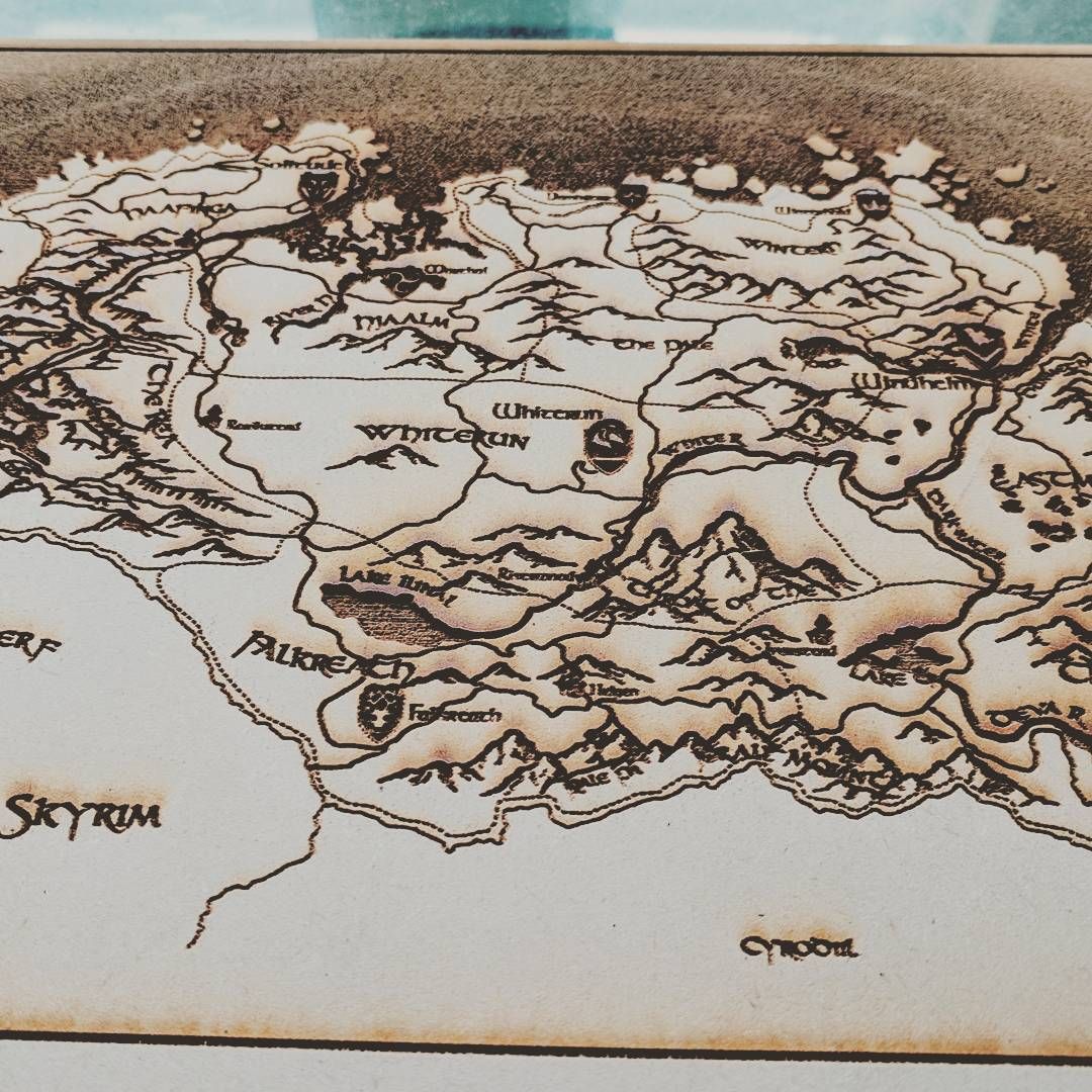 New lasercutter project in the works! This is just a small test cut which none the less took over 30 minutes. A number of things were messed up in this one but that’s what tests are for! I’m going to be doing maps on white beech and leather real soon, can’t wait! skyrim wip elderscrollsonline