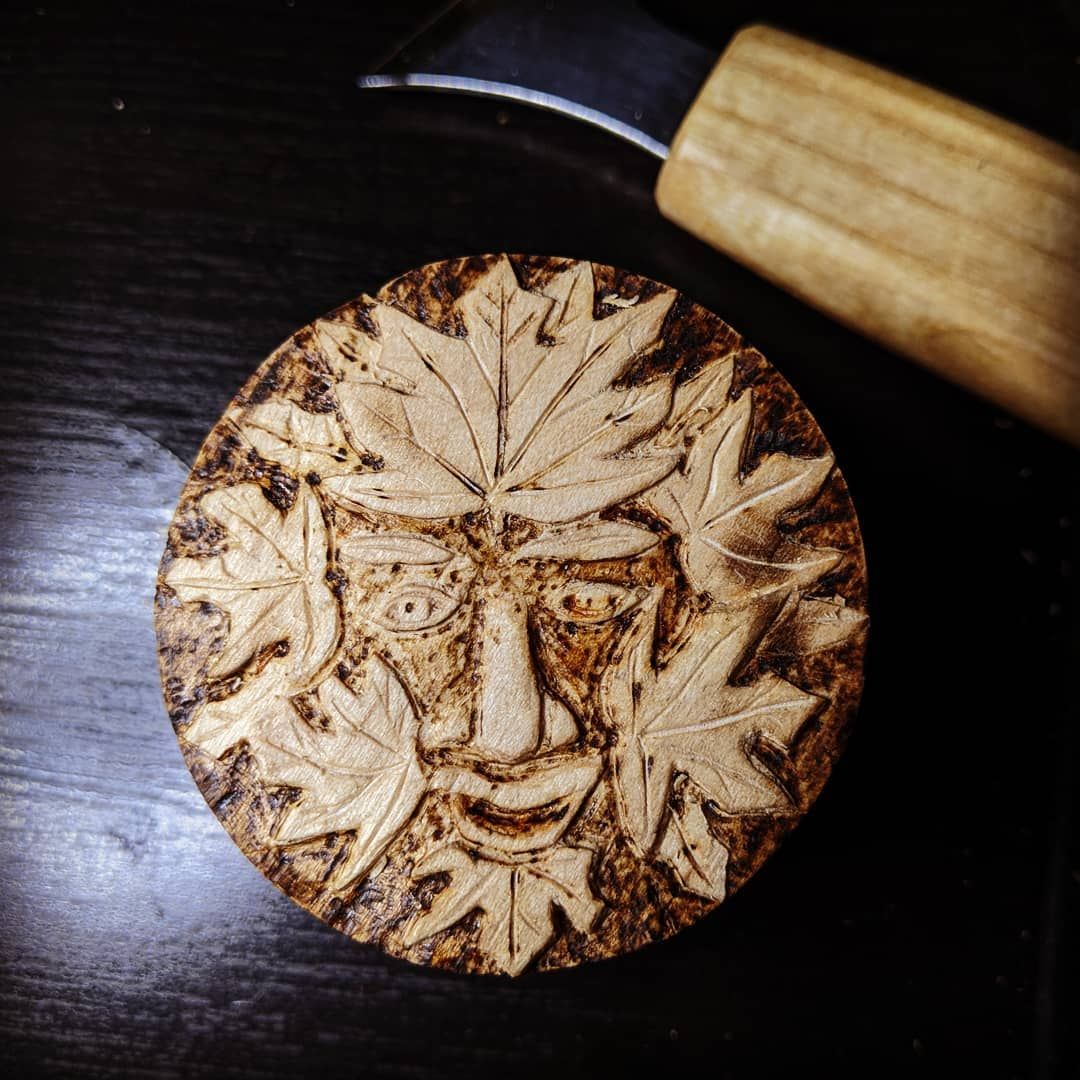 Green man door knob for my yurt door. This didn’t quite go how I had imagined..but it’s bad for a door knob! I have some work to do on learning pyromancy, more difficult to get what you want than I had hoped! Lolwoodcarving yurt greenman