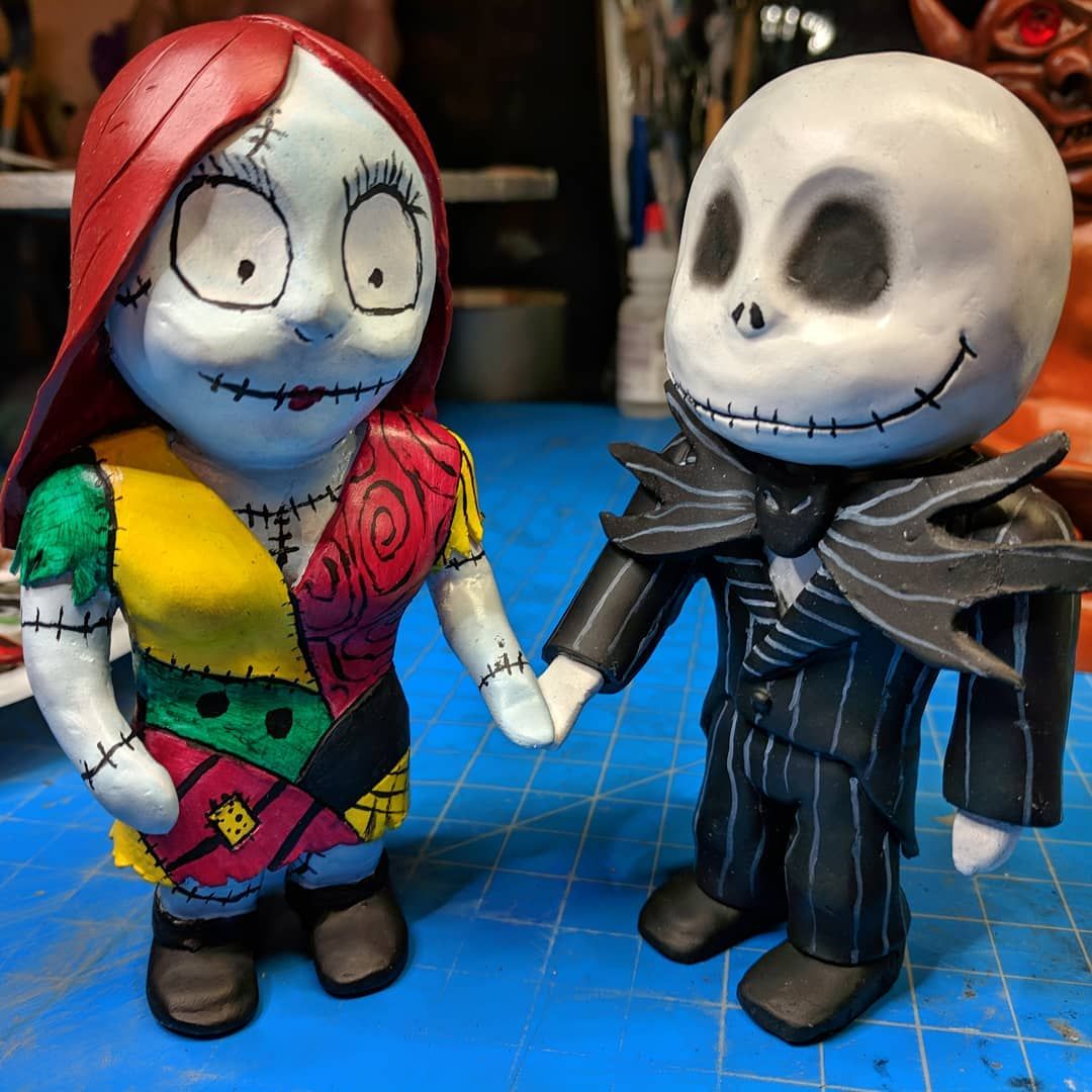 Got them done! It was a rush job but they turned out nice. They go on top of our wedding cake because I’m marrying @spunkybuddha1@instagram.com today! weddingtopper jackandsally nightmarebeforechristmas sculpture