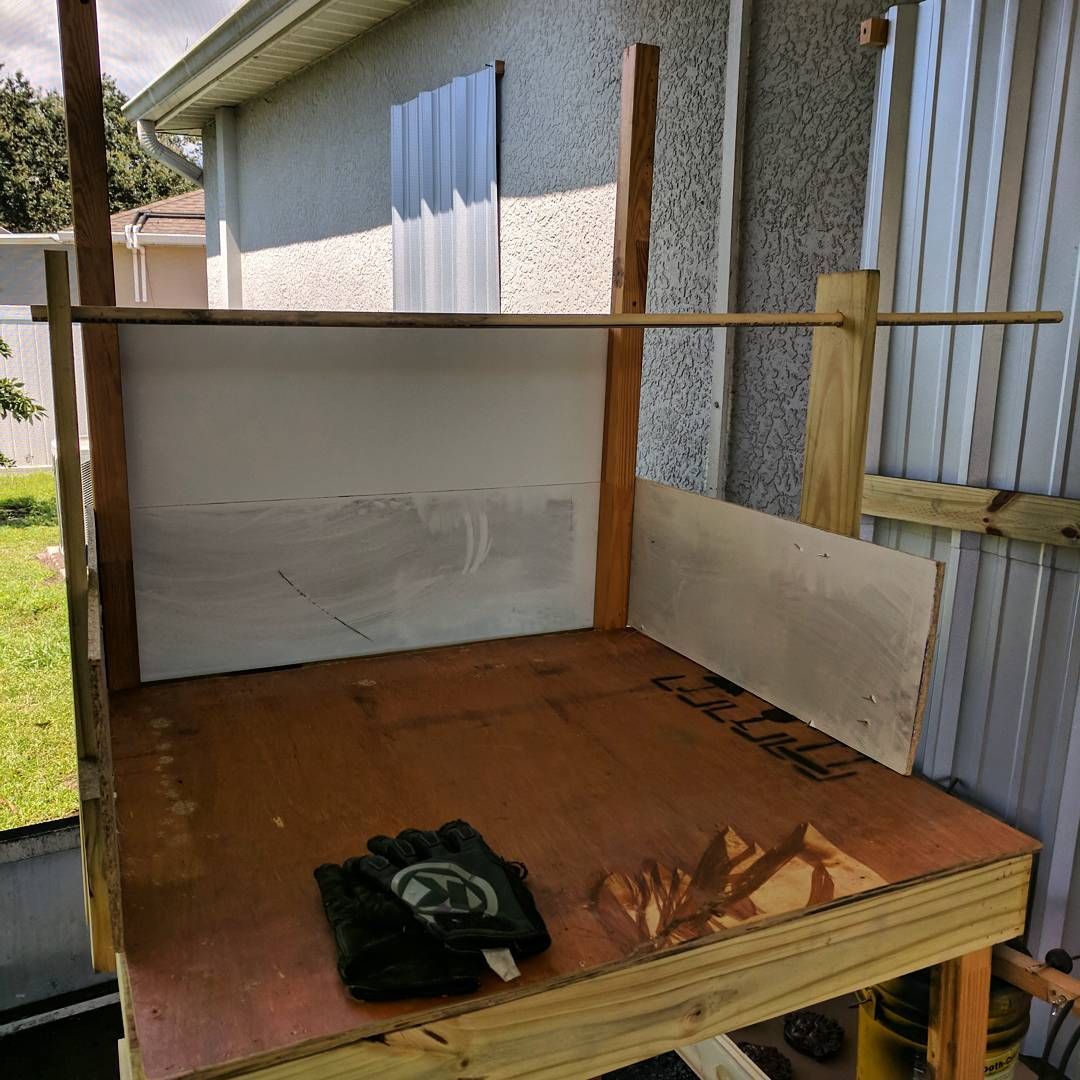What to do with extra hurricane wood? Make a new spray booth! We paint on our back porch, great air flow that way. Only down side was no table to work on. So much better! Now if only I could control humidity out there… Haha propmaker diy scrapbuild