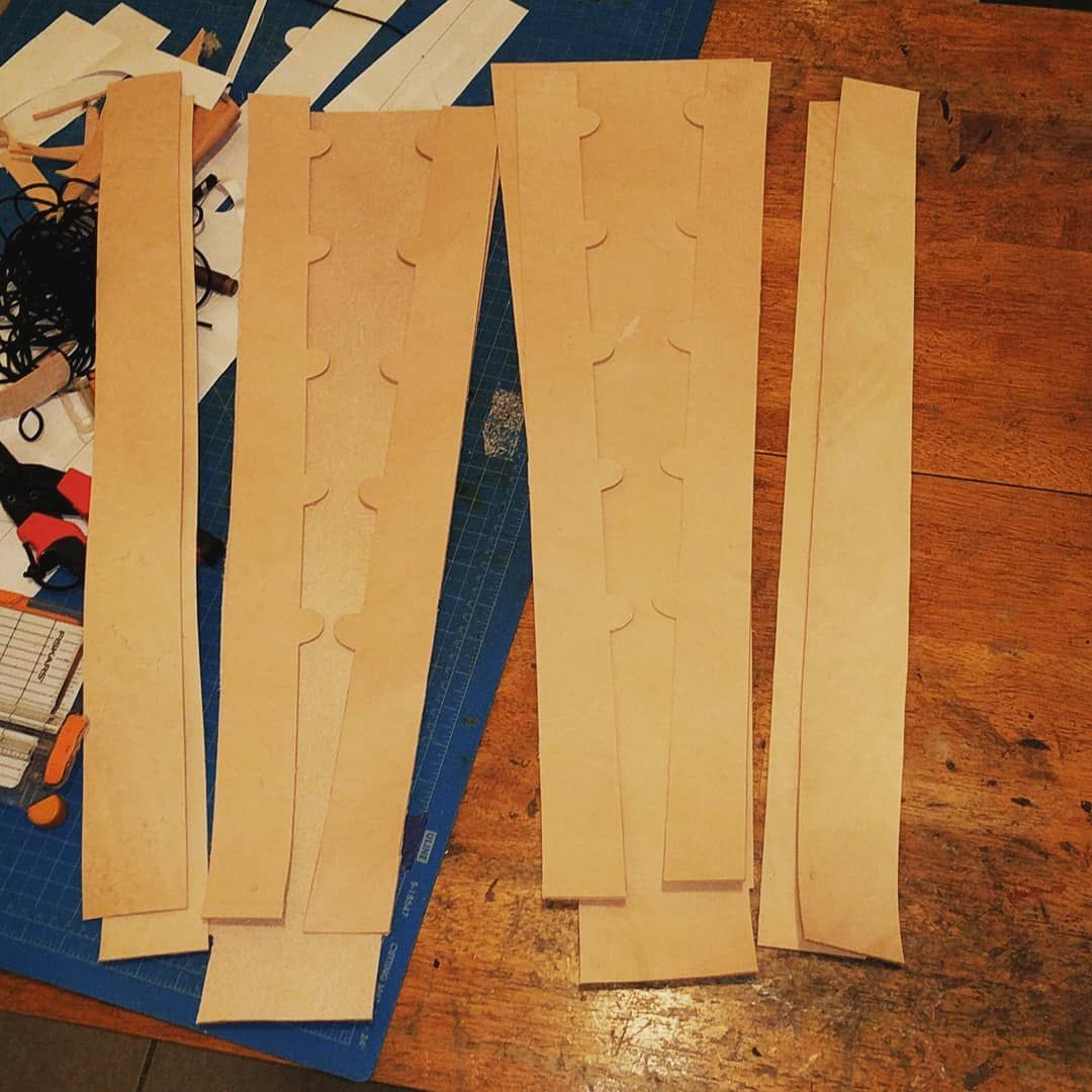 Speaking of my leatherwork run, next up is a pair of leather quivers! I have the quivers cut and ready for lacing hole punching, lots of banging ahead! wip