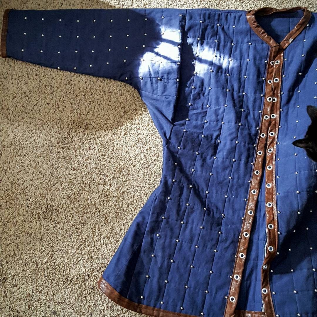 My blackwall gambason is looking pretty awesome, I think! I just have to set the rivets on the back and I’ll have added about 600 rivets to this coat! Shew! After this I just need to finish the belt and all non-armor parts are done! dragonageinquisition cosplay wip