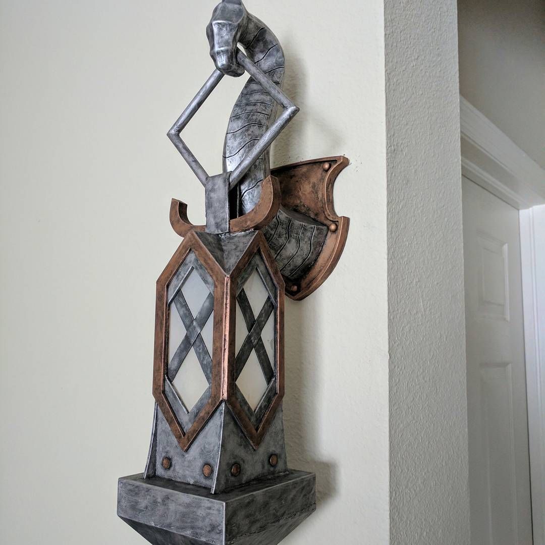Nord Lamp nearly done! Still need dirt, grime and rust added into the paint job before I can call it complete. Pretty excited about how this looks, I think it would look even cooler on a stone wall with heavy oak beams… Next project! It’s hard to see the glow of the lamp in the bright sun light but it has led lights inside as well, more when it’s done! Come on Amazon deliver that rust! Waiting…. wip **_Nord_Lamp_Wip