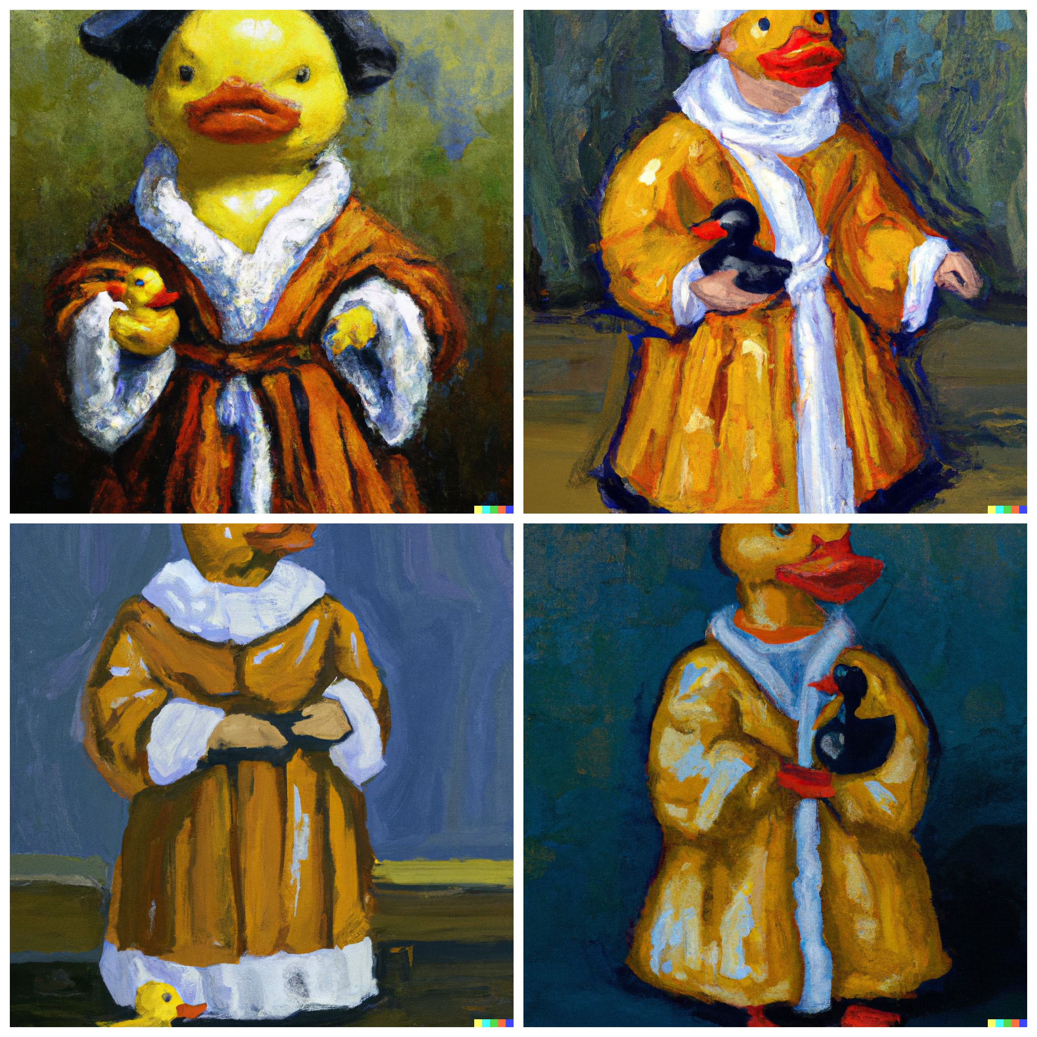 An oil painting of a rubber duck wearing medieval robe by Van Gogh