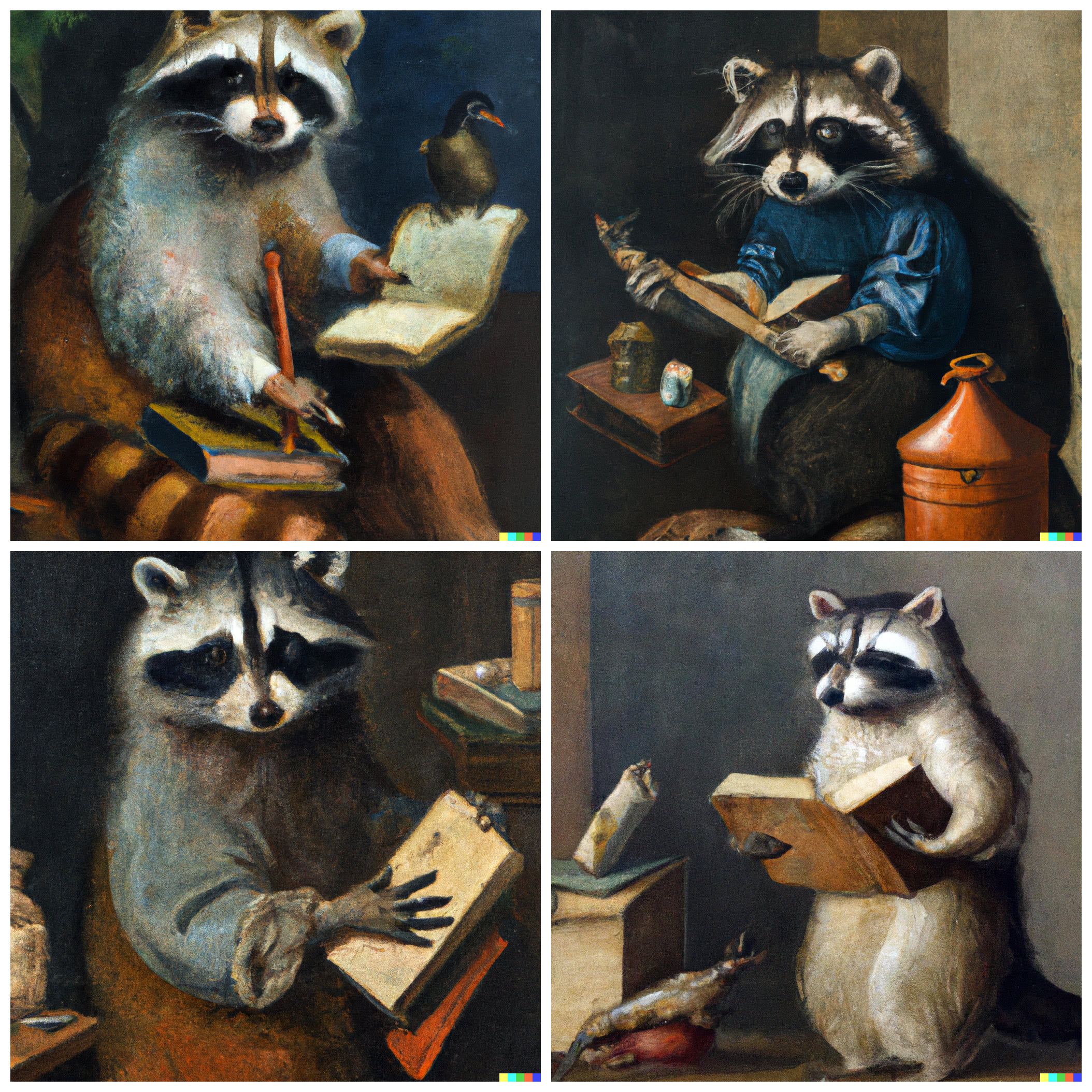 A raccoon with a book in one hand and a blunderbuss in its other hand by Johannes Vermeer