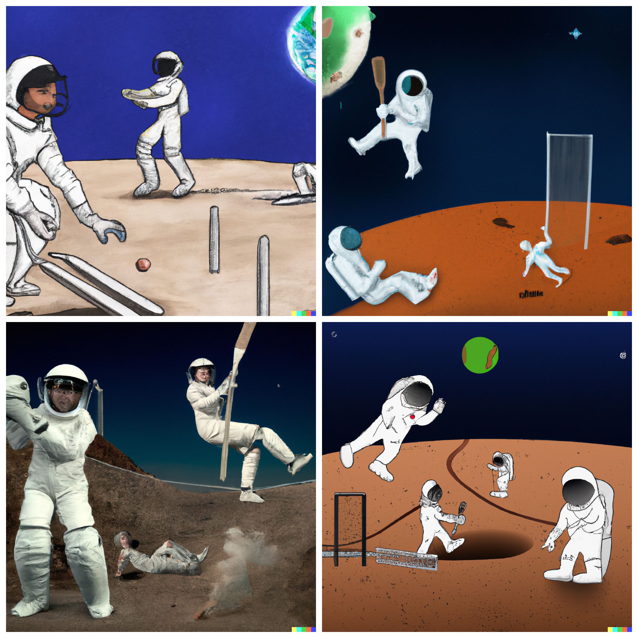 Astronauts playing cricket on moon with three slips and a gully and earth rising in the background
