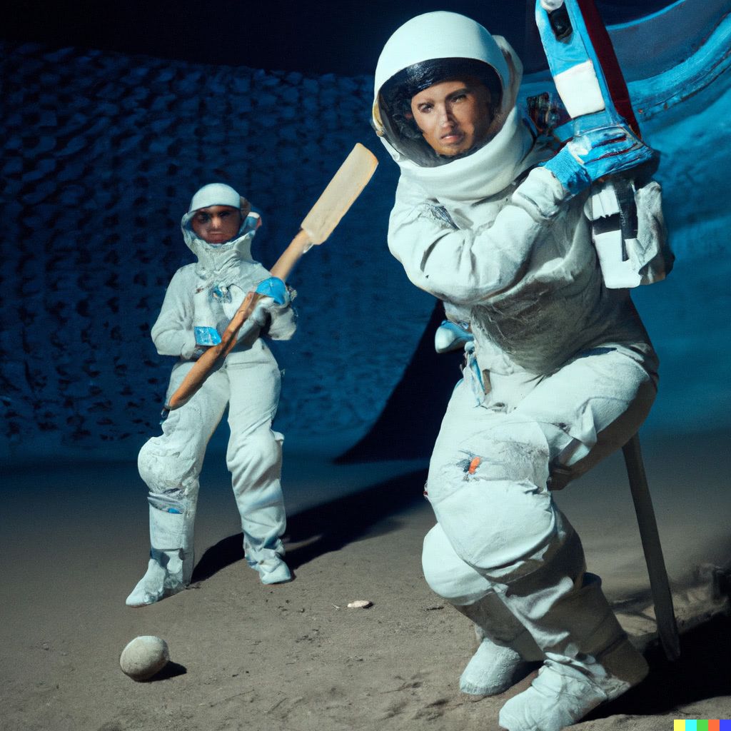 Astronauts playing cricket on moon - the photorealistic version