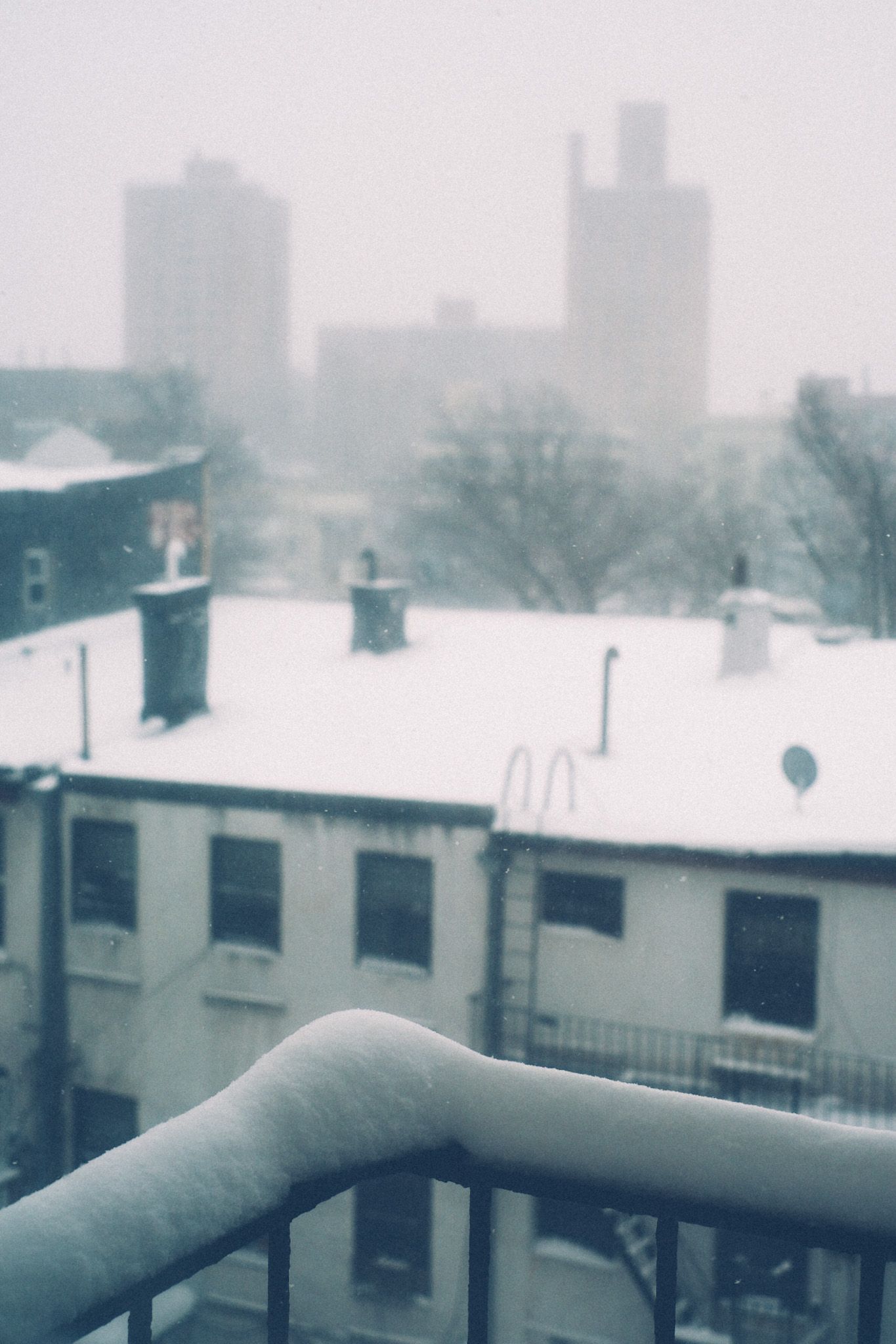 A view outside of an apartment window on a snowy day: a few inches of snow pile upon the fire escape while in the distance, buildings are enveloped in a dreamy winter fog.