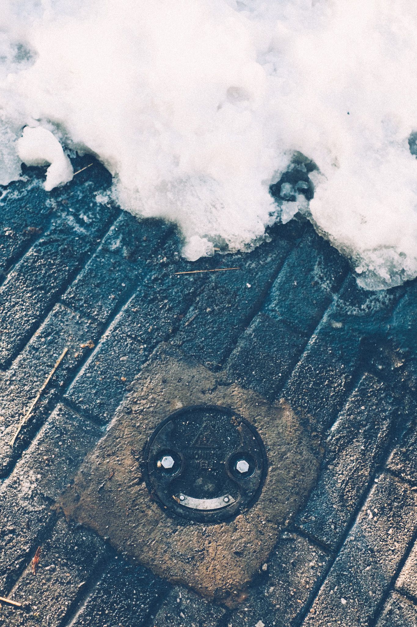 A small manhole-like covering on a brick pathway looks like a smiley face on a wet, sunny day. Snow covers the top half of the frame.