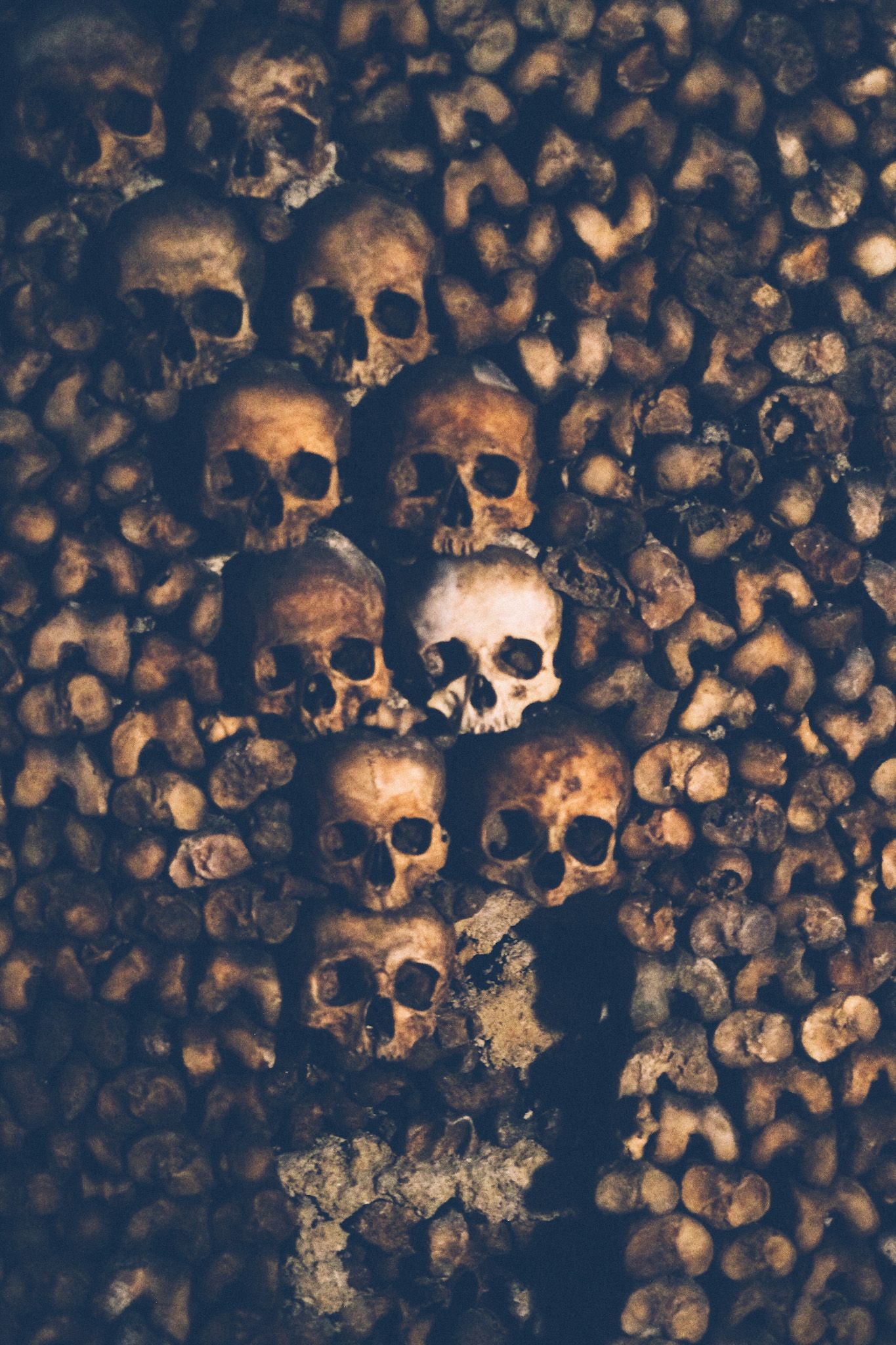 A stack of skulls form a diagonal pattern amidst other bones in the Paris catacombs.