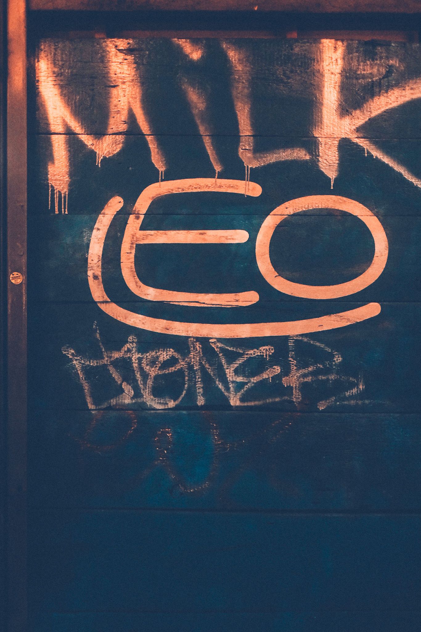 Graffiti saying “Milk” and “Leo” runs across a dark green garage door.