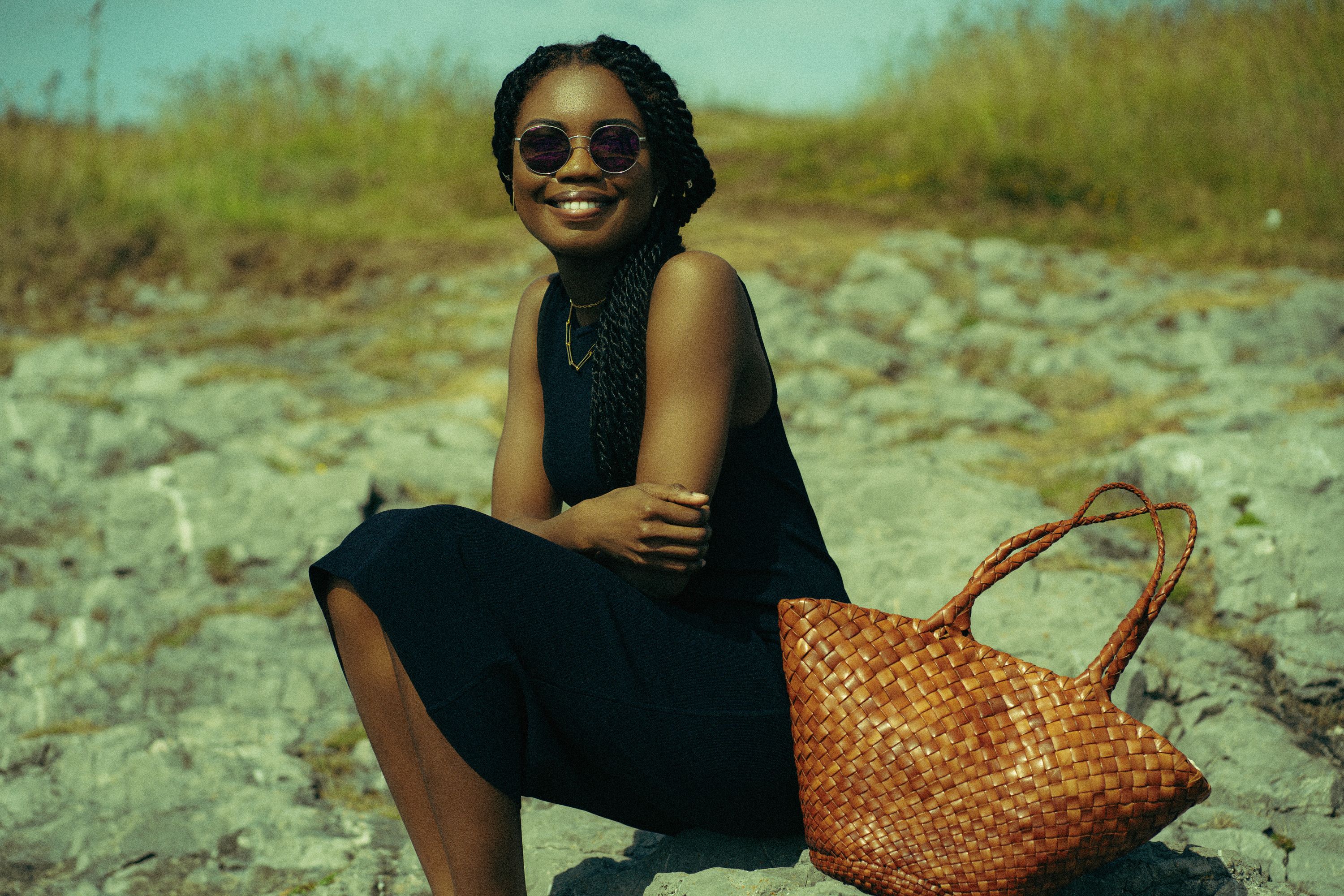 midi dress & woven bag