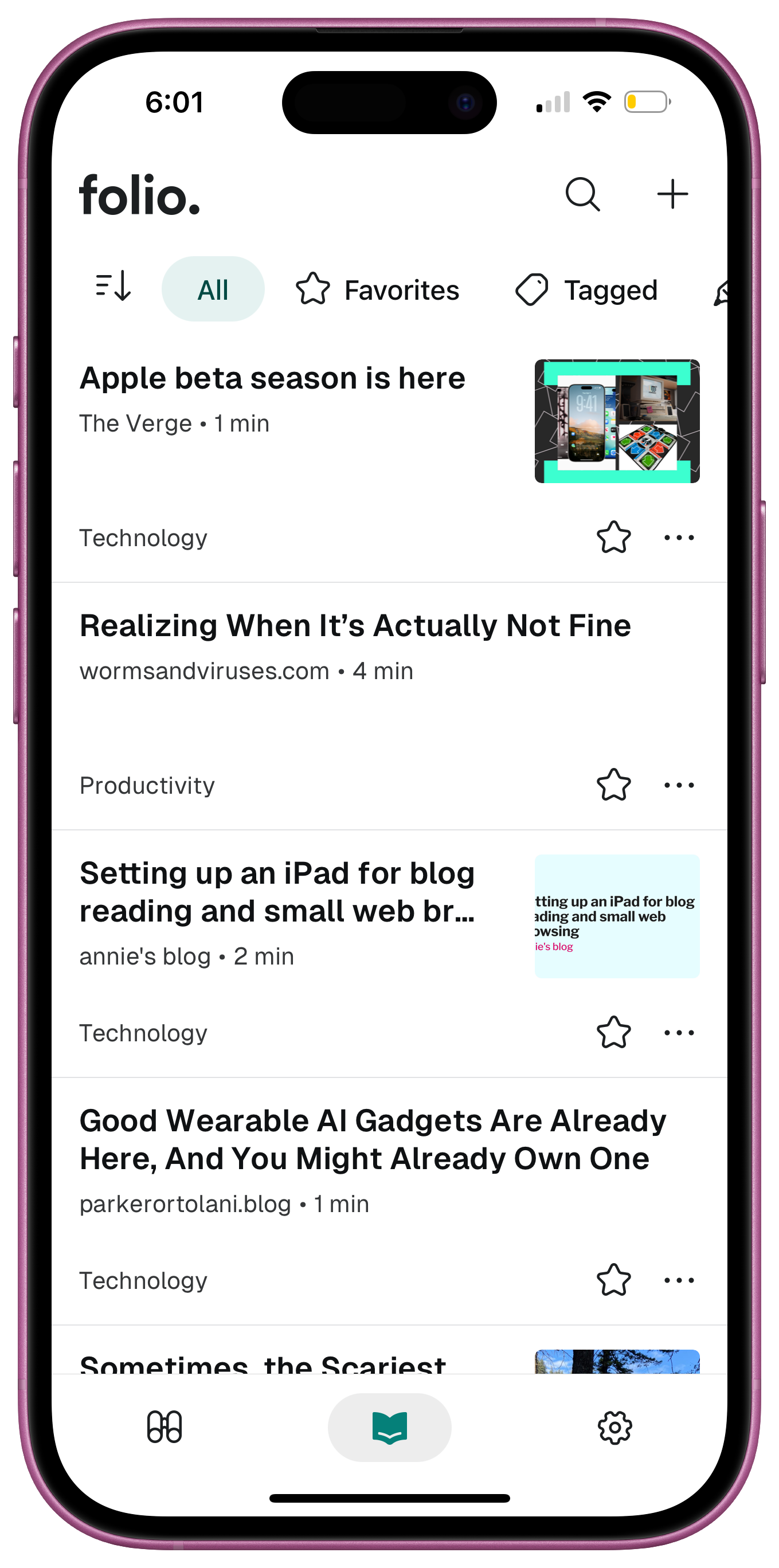 Screenshot of a mobile news app interface named “folio” displaying a list of articles. The top shows the time as 6:01. There are filter options “All,” “Favorites,” and “Tagged.” Articles listed include “Apple beta season is here” by The Verge and “Realizing When It’s Actually Not Fine” by wormsandviruses.com. Each article shows a source, reading time, category, and a small image thumbnail on the right. Icons for navigation and settings are at the bottom.
