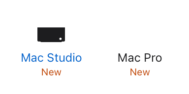 A screen grab from the apple.com website showing the top navigation bar with silhouettes of two new Macs: the Mac Studio and the Mac Pro, both with “New” in red text beneath them. But the Mac Pro silhouettes is missing, leaving a blank space where it should be.